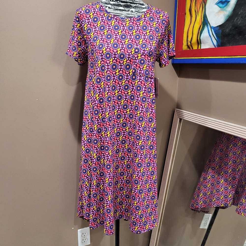 LuLaRoe Carly Dress Medallions Purple Red Floral Sz S NWT